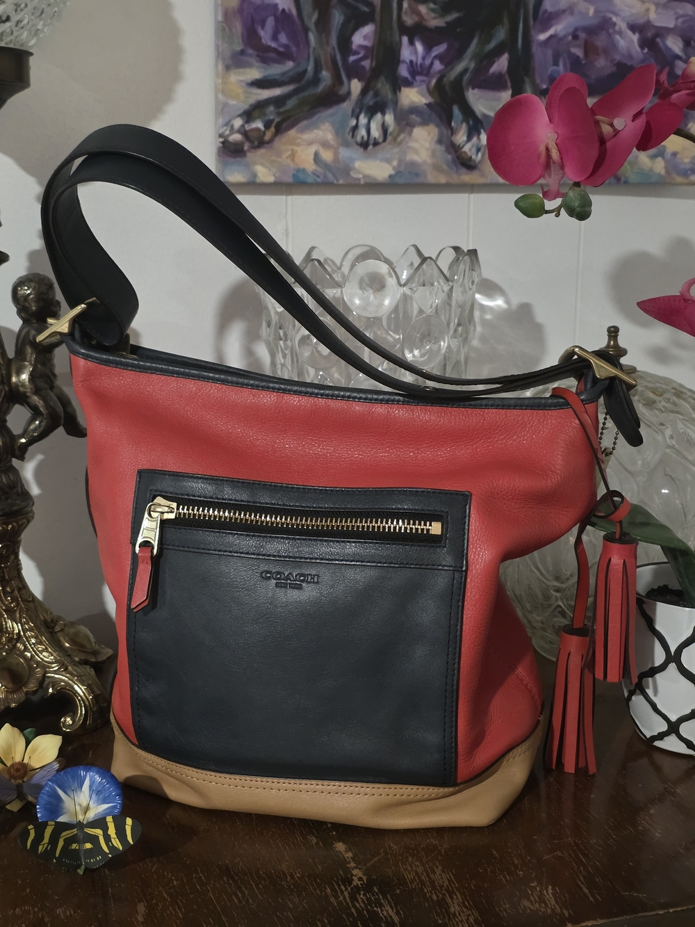 Coach Legacy Colorblock Leather Hobo Shoulder Bag in red, black, and tan leather
